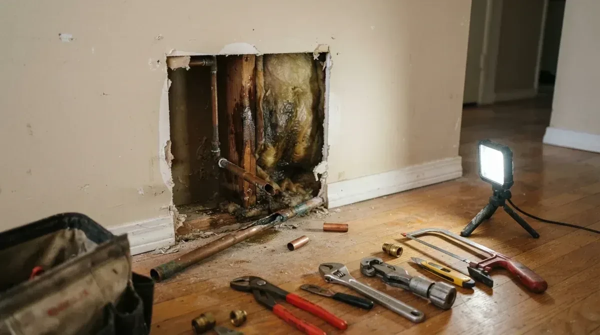 A wall opened up to expose the pipe, the tools laid out on the floor - Leak Detection in Redlands