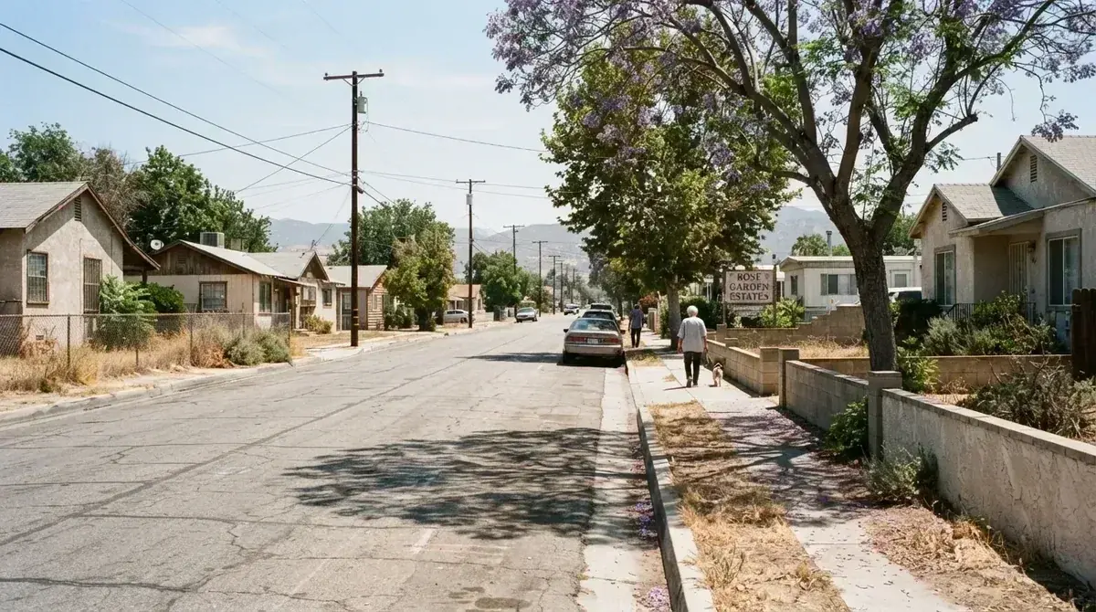 A residential street of older houses under jacaranda and pepper trees - Emergency plumbing in Calimesa