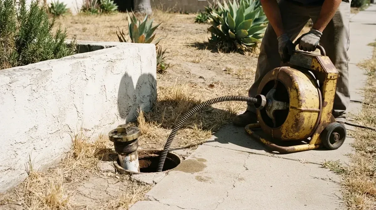 A drain machine working at an open clean-out in a dry front yard - Drain Unblocking in Mentone