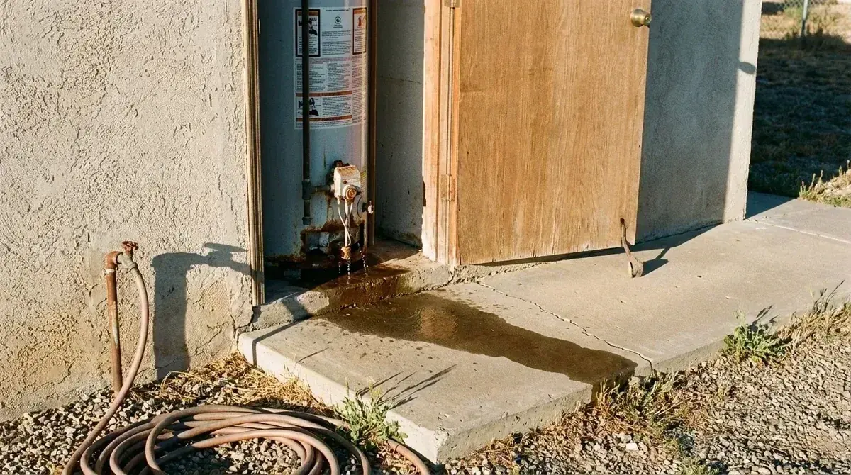 Water escaping along the side of a stucco house by the heater closet - Leak Detection in Yucaipa