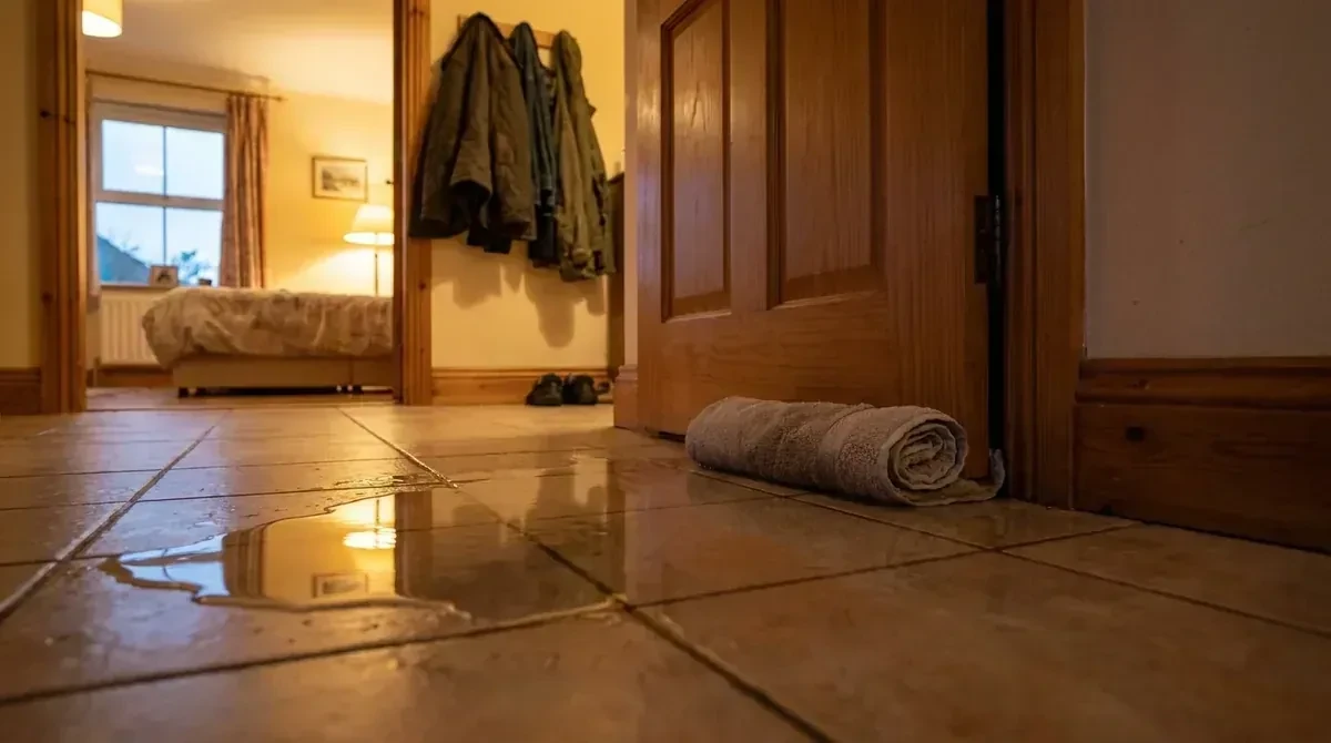 Water spreading across a tiled hallway floor - Leak Detection in Calimesa