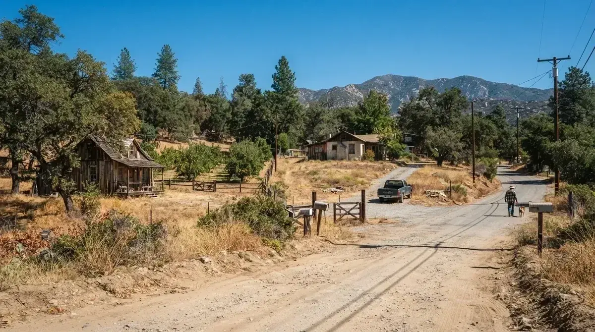 A rural road past timber cabins and orchard land under oaks and pines - Emergency plumbing in Oak Glen