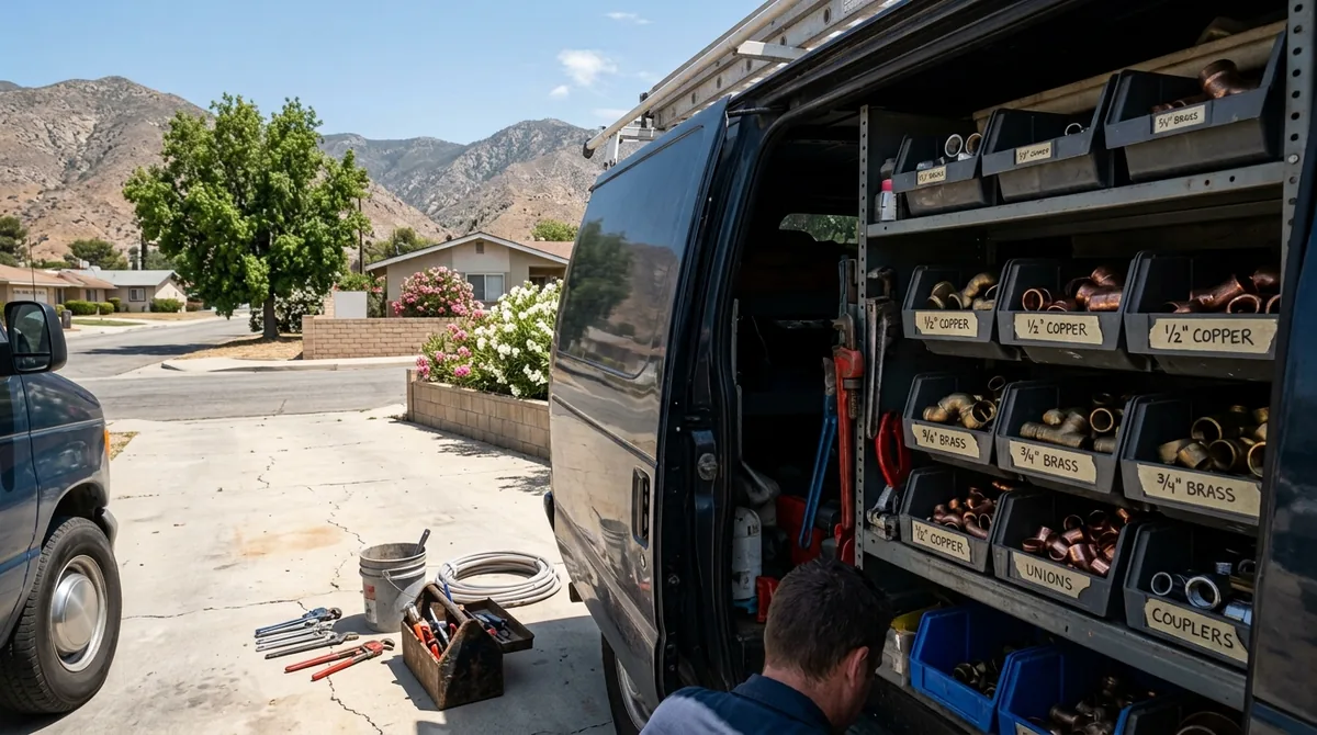 A plumber's work van at the curb, side door open and tools laid out on the driveway - Emergency Plumber in Yucaipa