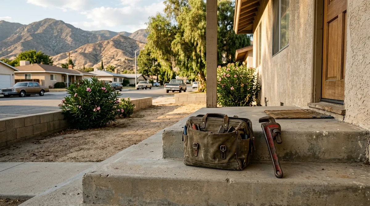 A tool bag and a pipe wrench set down on a front porch step - Emergency Plumber in Yucaipa