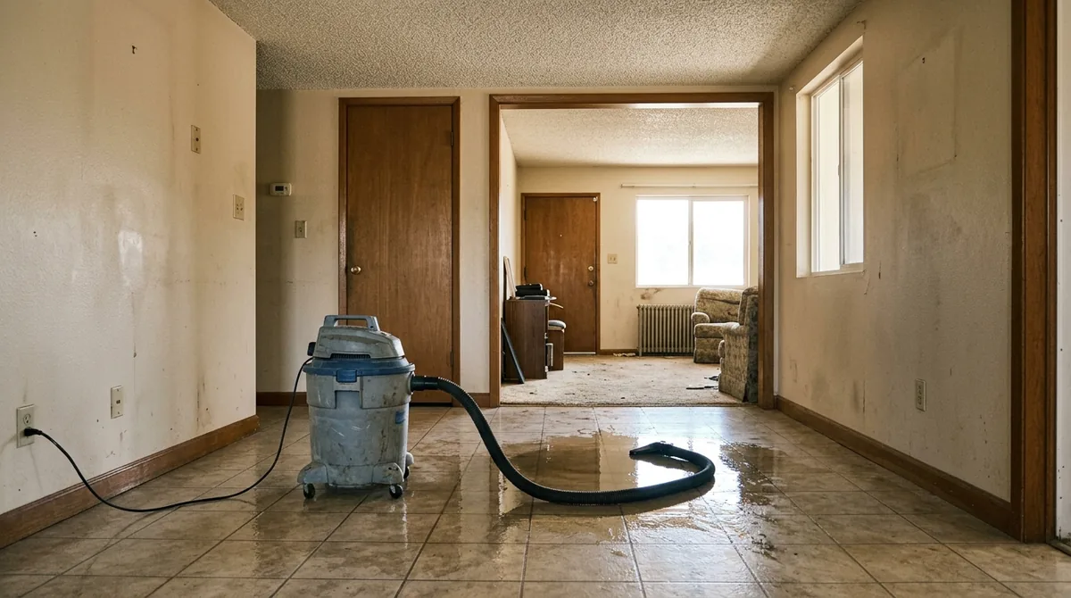 A wet/dry vacuum running on a tiled floor, its hose into a puddle - Emergency Plumber in Yucaipa