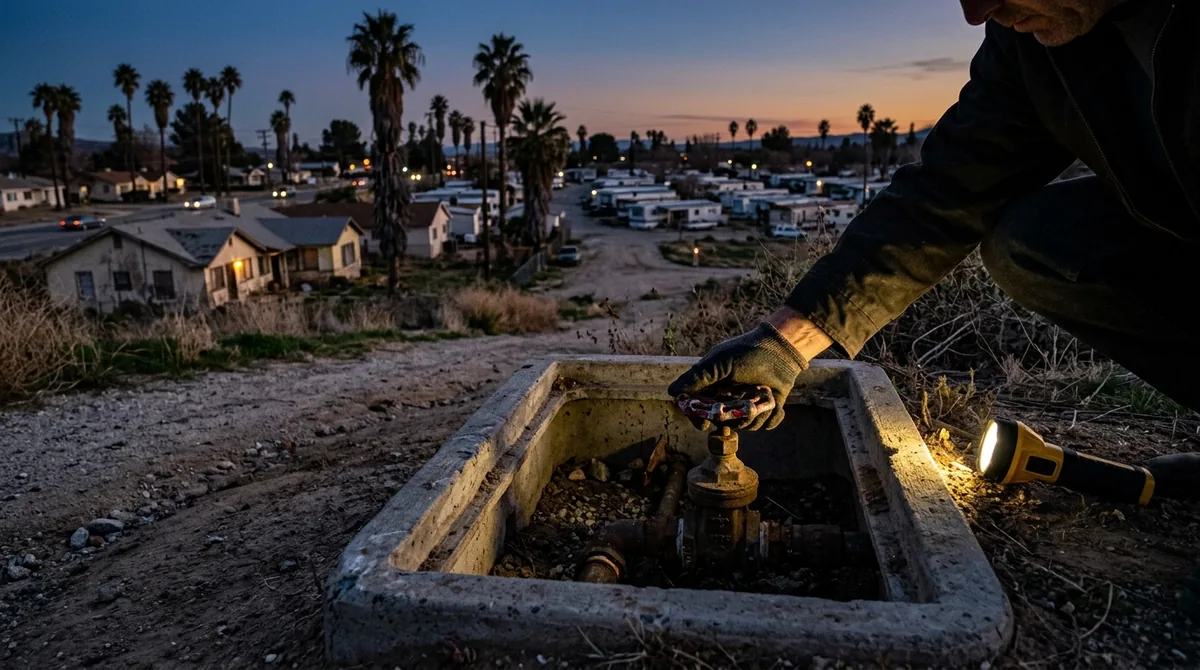 A hand on the main water shut-off valve in a concrete box beside the path - Emergency Plumber in Calimesa