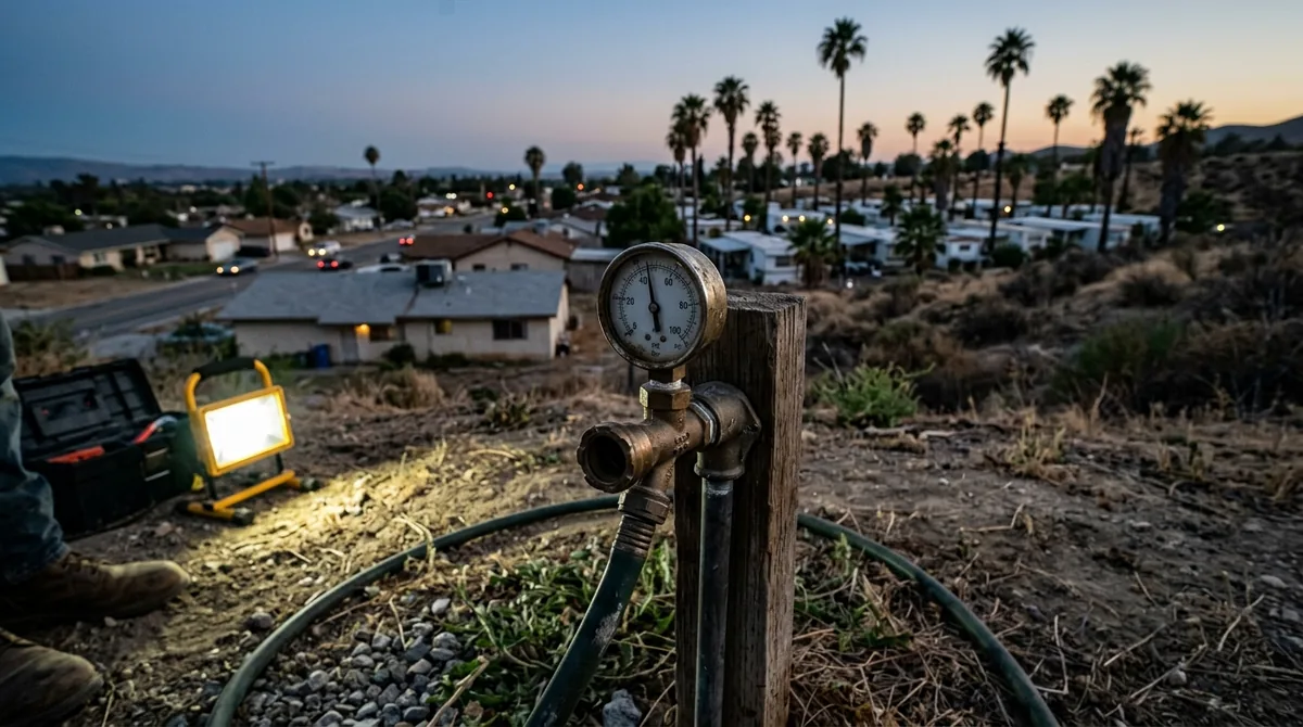 A pressure gauge screwed onto a hose bib, the needle reading - Emergency Plumber in Calimesa