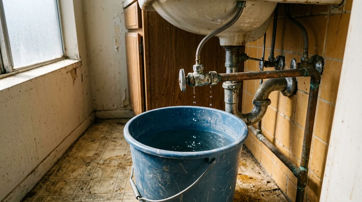 A bucket set under a dripping angle stop below a bathroom sink - Emergency Plumber in Calimesa