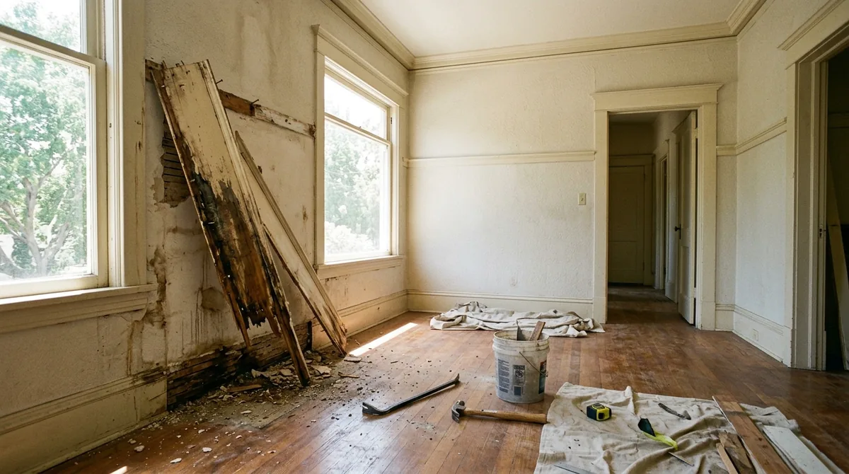 A sodden length of baseboard pulled away from a wall - Emergency Plumber in Redlands