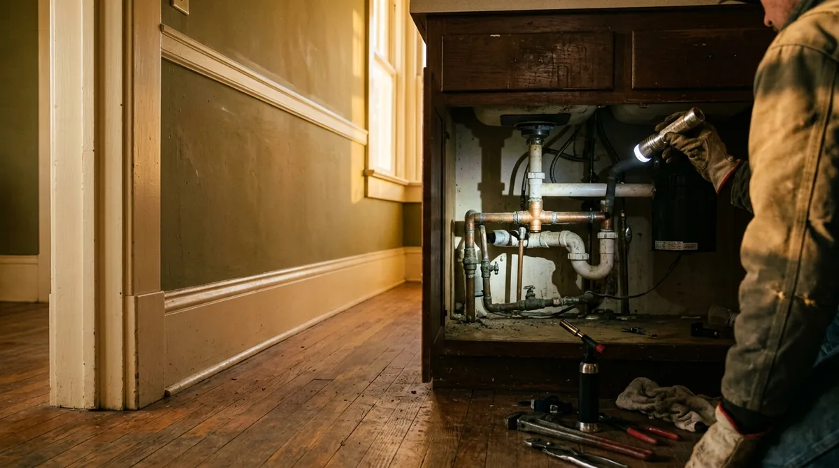 A flashlight beam on the piping under a kitchen cabinet - Emergency Plumber in Redlands