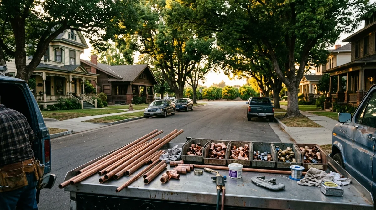 Replacement copper pipe and fittings laid out on a van tailgate - Emergency Plumber in Redlands