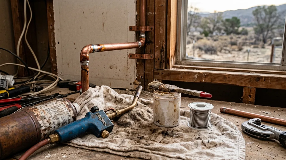 A propane torch and flux on a rag beside a joint being soldered - Emergency Plumber in Mentone