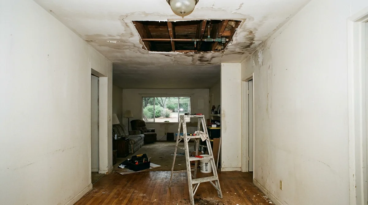 A water-stained ceiling patch cut open with the pipe visible above - Emergency Plumber in Mentone
