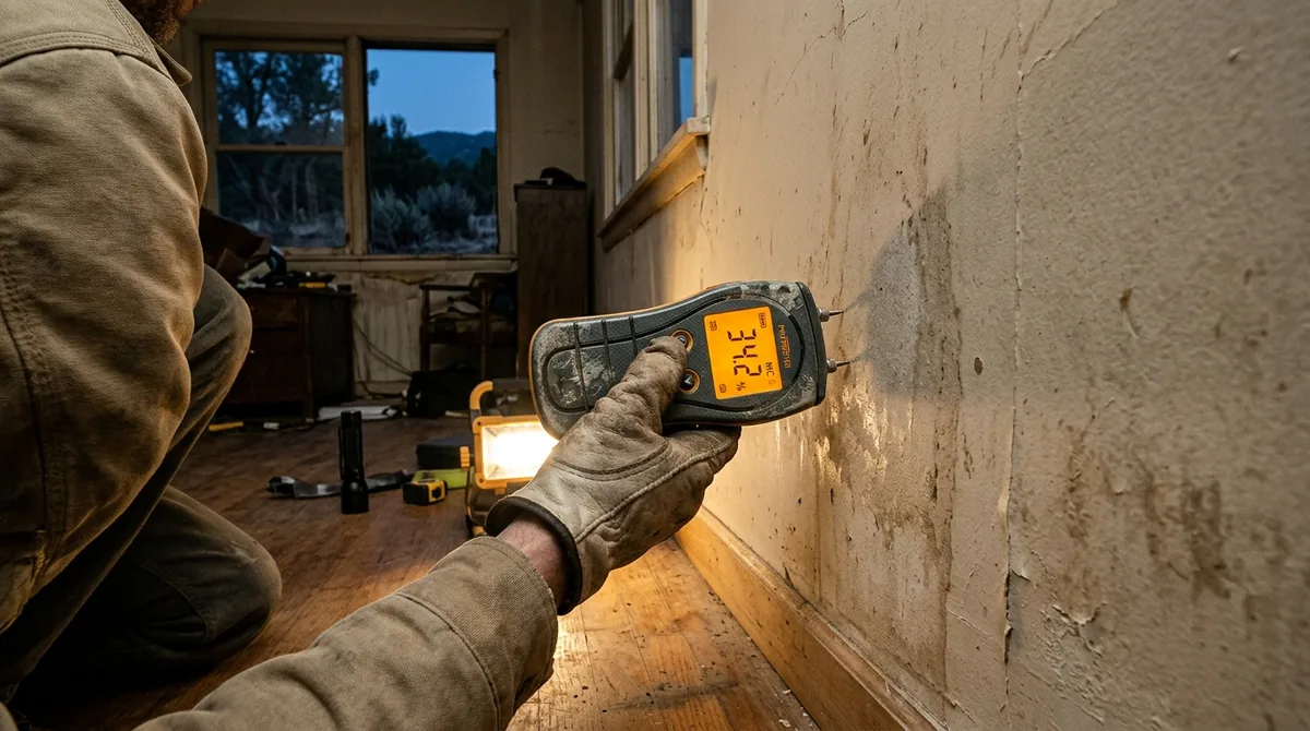 A moisture meter pressed to a wall, its reading lit - Emergency Plumber in Mentone