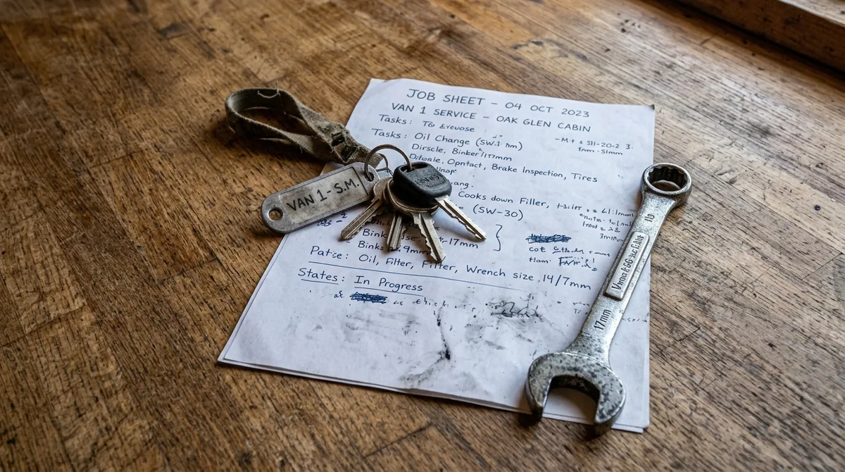 Van keys and a written job sheet on a kitchen countertop beside a wrench - Emergency Plumber in Oak Glen