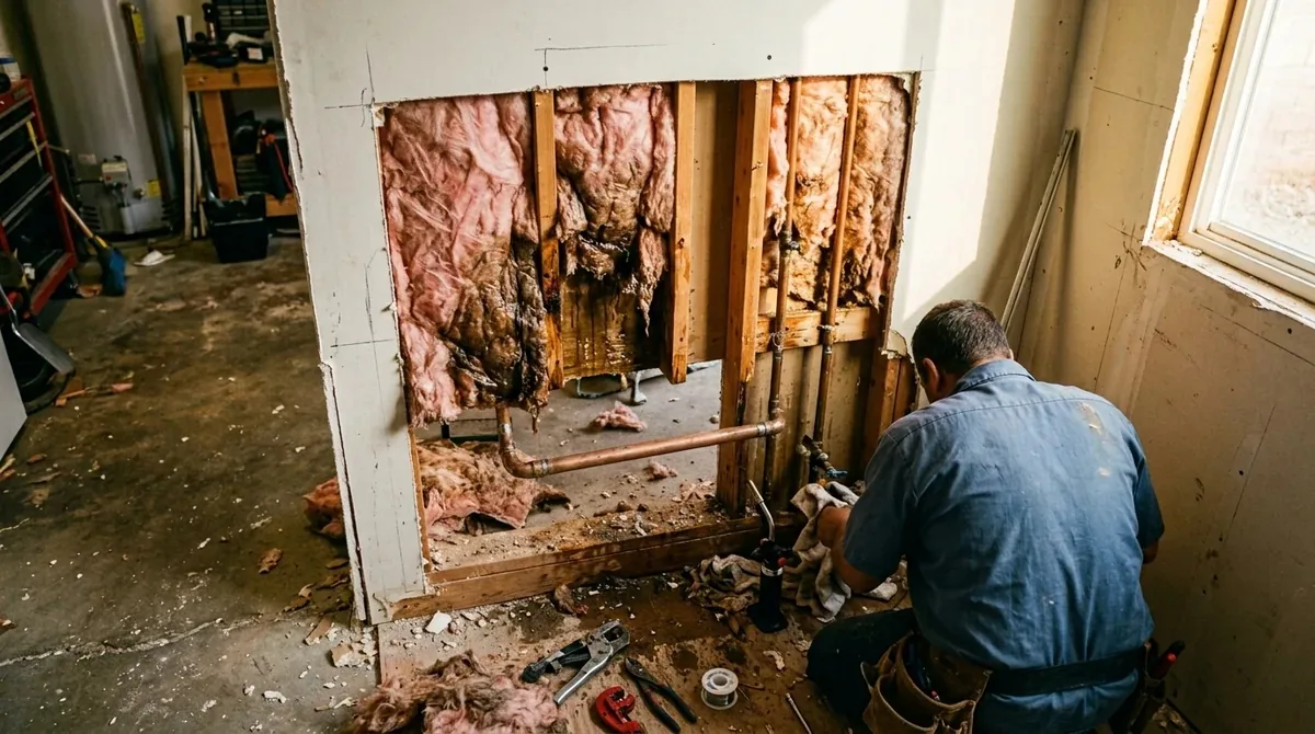 An opened wall cavity with a split copper pipe cut out of it, wet insulation behind - Burst Pipe Repair in Yucaipa