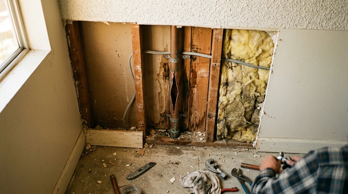 A copper pipe with a long split along its length, still in the stud bay - Burst Pipe Repair in Yucaipa