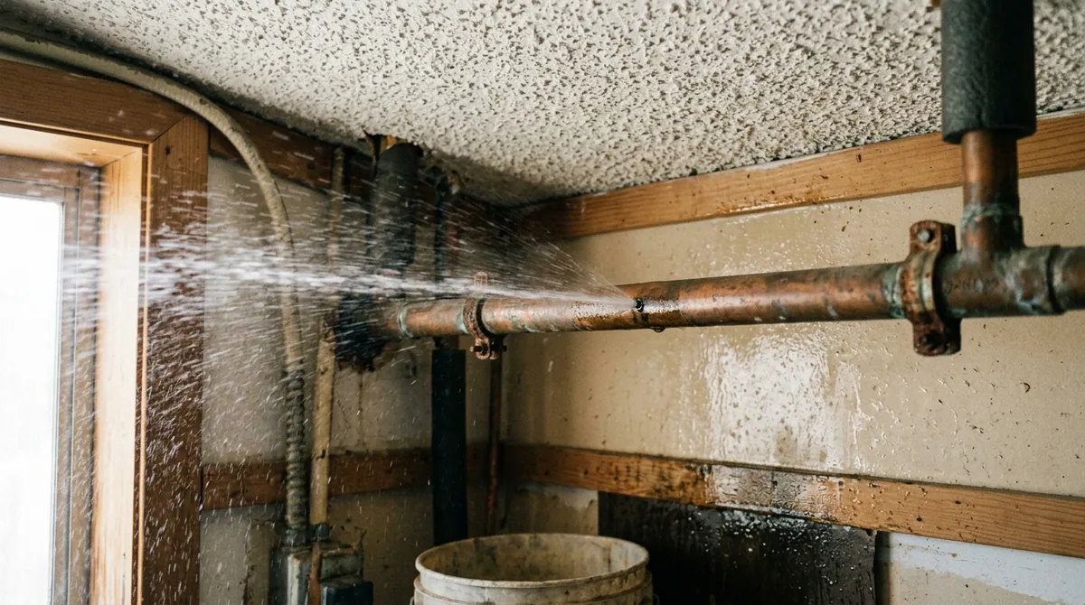 A fine jet spraying from a pinhole in a horizontal copper run - Burst Pipe Repair in Yucaipa