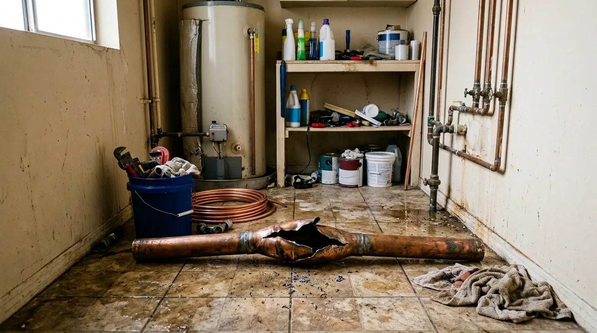 A burst pipe section bulged open at the rupture, cut free on the floor - Burst Pipe Repair in Calimesa