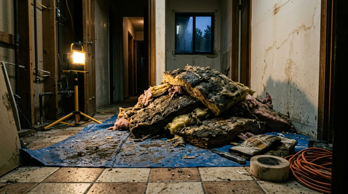 Wet insulation batts pulled out and heaped on a drop cloth - Burst Pipe Repair in Calimesa