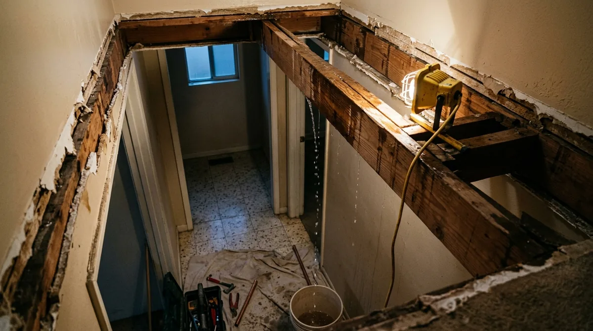 A ceiling opened from below with water running along a joist - Burst Pipe Repair in Calimesa