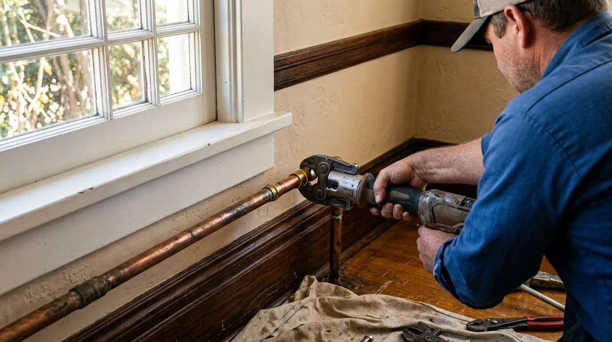 A repair coupling being crimped onto a cut copper line - Burst Pipe Repair in Redlands