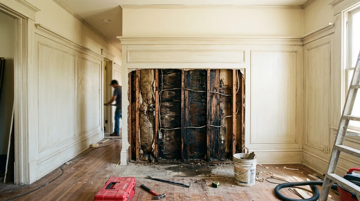 A wall opened at floor level, the stud bay dark with water - Burst Pipe Repair in Redlands