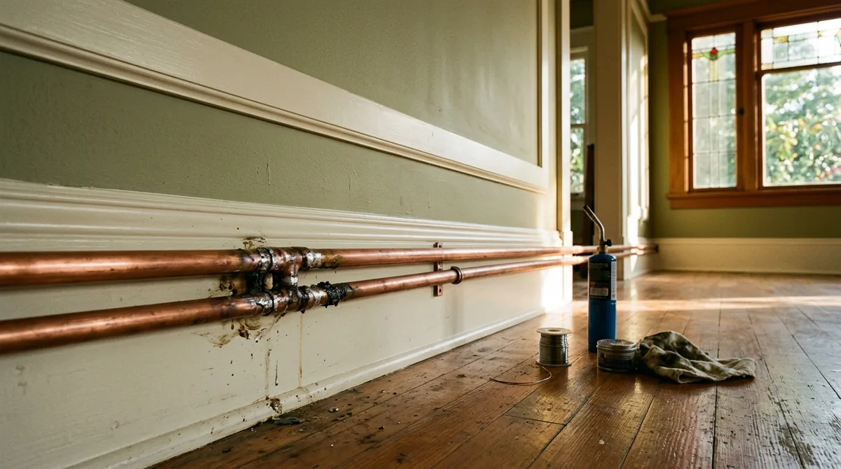 A soldered repair joint cooling, flux residue still on the pipe - Burst Pipe Repair in Redlands