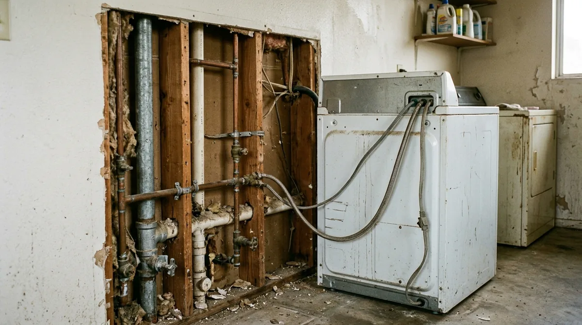 The pipe run behind a washing machine with the wall opened beside it - Burst Pipe Repair in Mentone