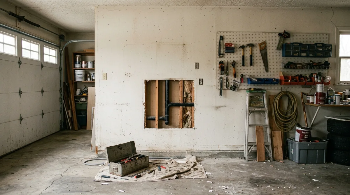 A garage wall cut into a neat square around a pipe - Burst Pipe Repair in Mentone