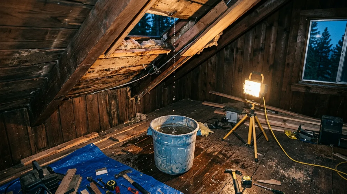 A bucket catching a drip through an opened ceiling - Burst Pipe Repair in Oak Glen