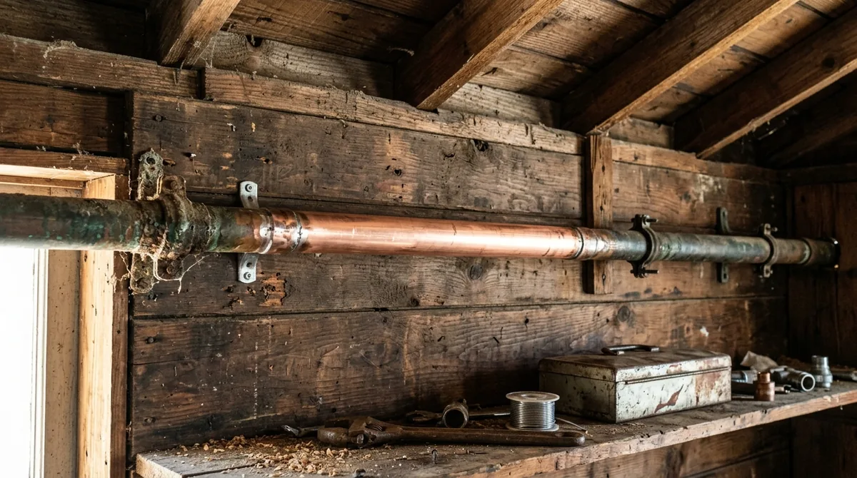 A replaced length of pipe bright against the older run either side - Burst Pipe Repair in Oak Glen