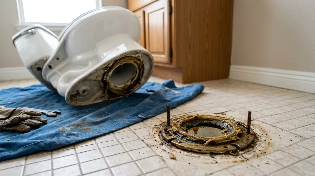 A toilet lifted off its flange onto a drop cloth, the open flange and wax ring visible - Blocked Toilet Repair in Yucaipa