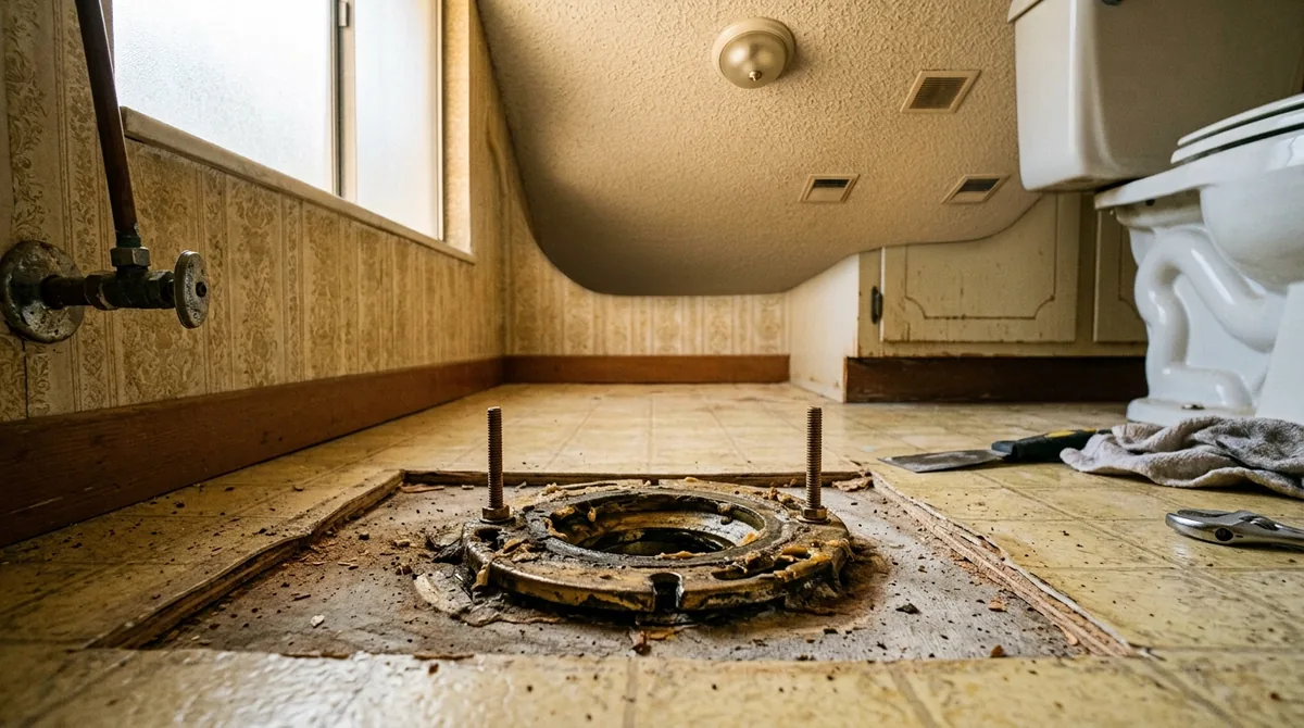 An open toilet flange in the floor with the bolts standing up out of it - Blocked Toilet Repair in Yucaipa