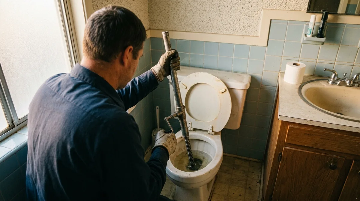 A closet auger fed down into a toilet bowl - Blocked Toilet Repair in Yucaipa