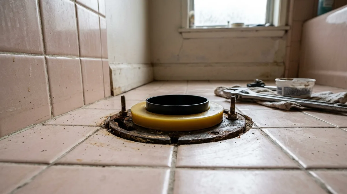 A new wax ring set on the flange ready for the toilet to go back - Blocked Toilet Repair in Calimesa