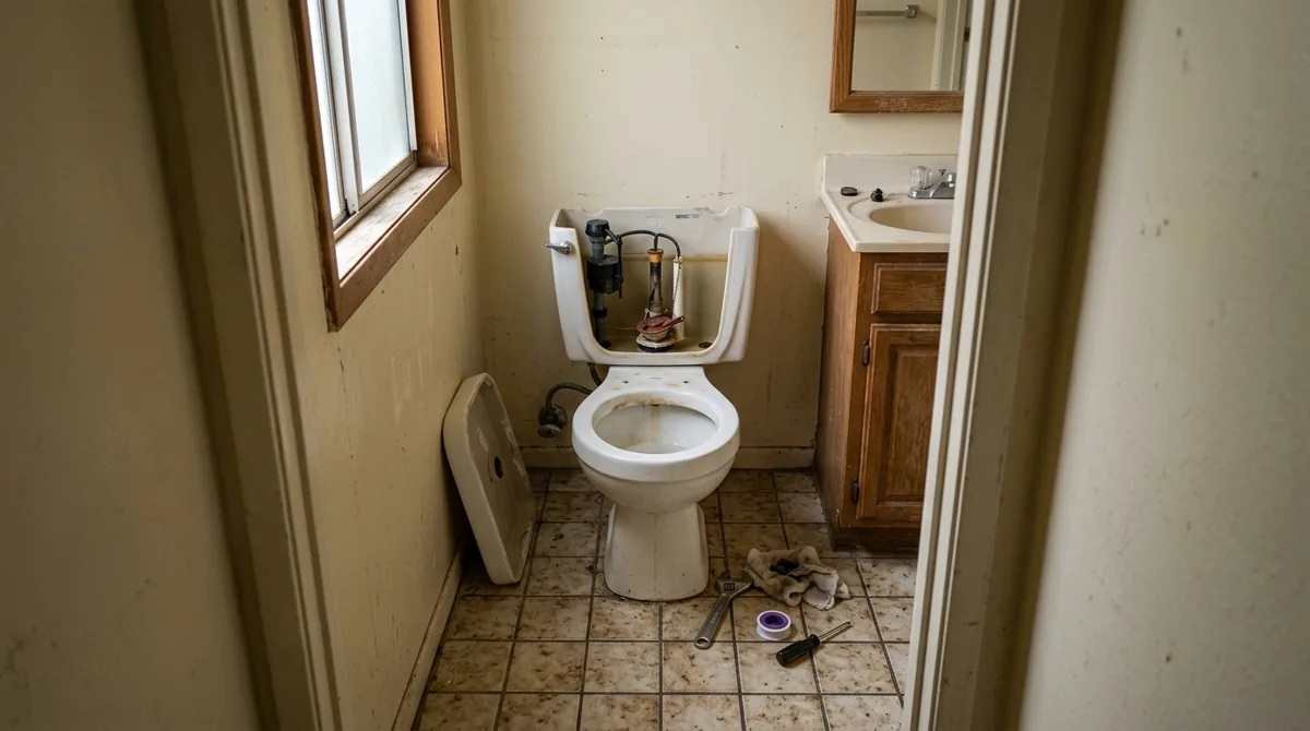 A toilet with the tank lid off, the flush valve and fill valve visible - Blocked Toilet Repair in Calimesa