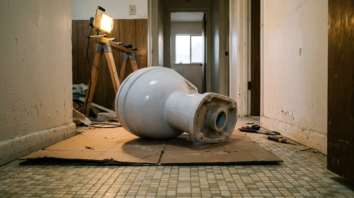 A toilet bowl laid on its side on cardboard, the horn visible - Blocked Toilet Repair in Calimesa