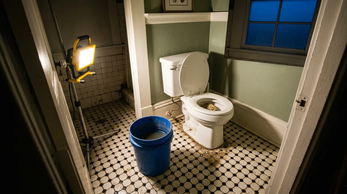 A plunger and a bucket beside a toilet on a tiled floor - Blocked Toilet Repair in Redlands