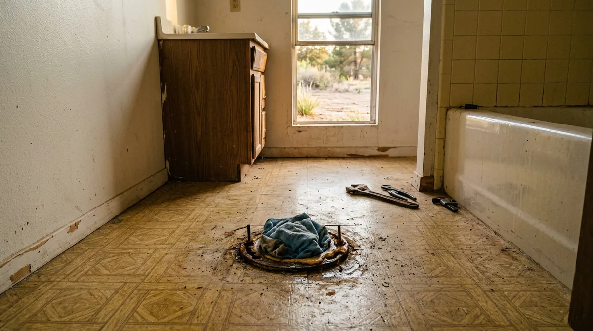 A bathroom floor with the toilet removed and a rag stuffed in the opening - Blocked Toilet Repair in Mentone