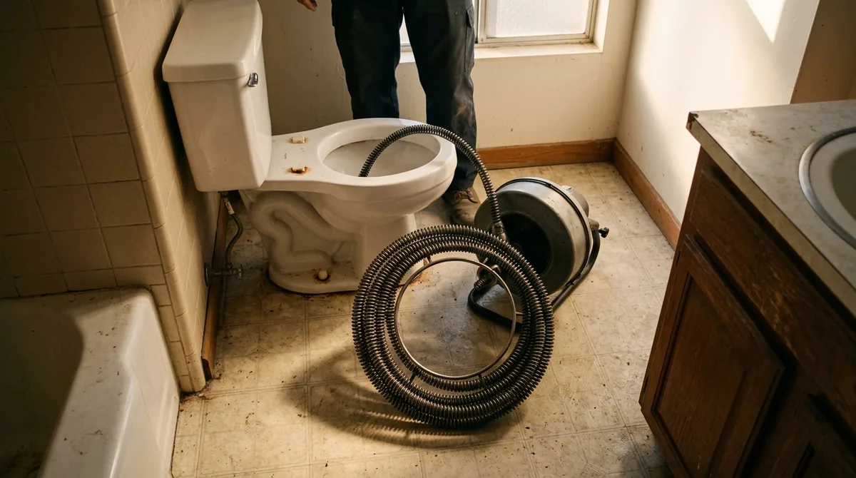 An auger cable coiled beside a toilet, the drum on the floor - Blocked Toilet Repair in Mentone