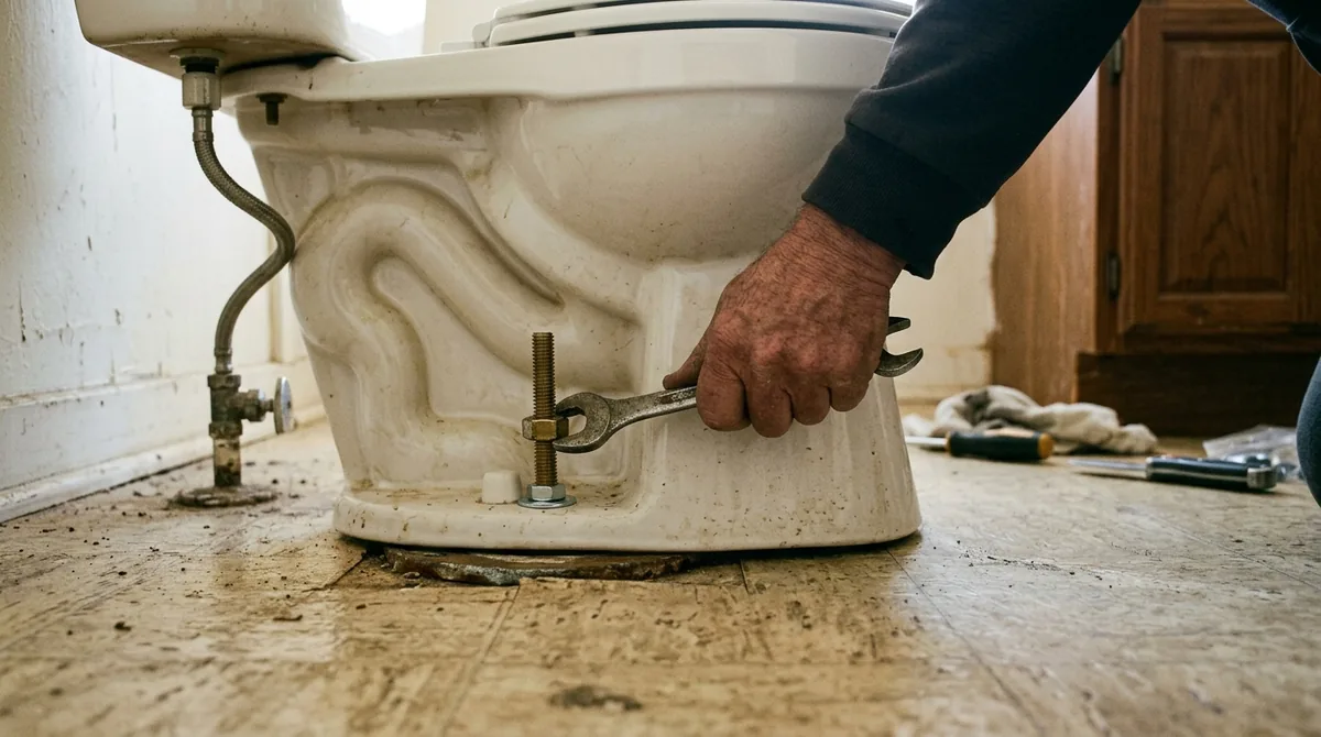 A nut being tightened onto a flange bolt as a toilet is reseated - Blocked Toilet Repair in Mentone