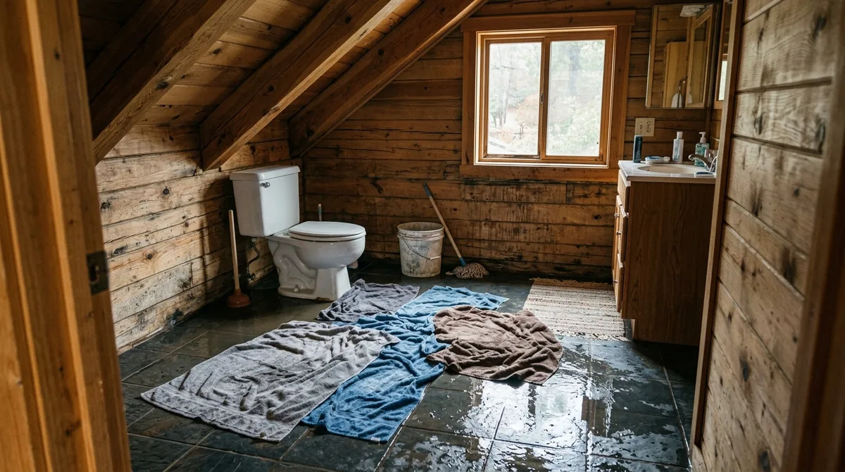 Water pooled on bathroom tiles from an overflowed toilet, towels down - Blocked Toilet Repair in Oak Glen