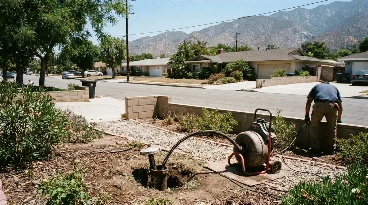 An opened sewer clean-out in the front yard with a drain machine cable fed into it - Sewer Backup Repair in Yucaipa
