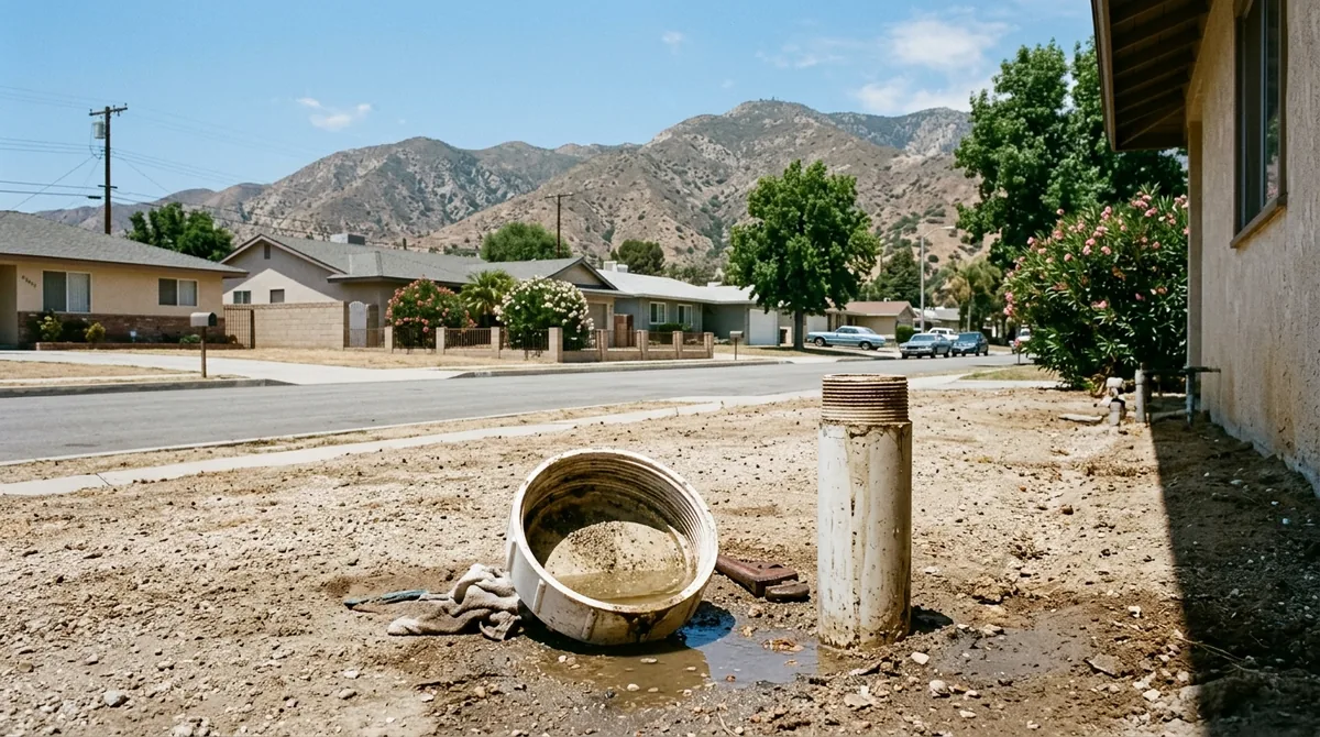 A clean-out cap unscrewed and lying beside the riser, water standing in it - Sewer Backup Repair in Yucaipa