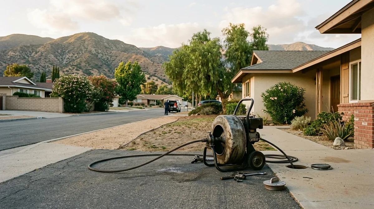 A sectional drain machine on the driveway, cable running to a clean-out - Sewer Backup Repair in Yucaipa