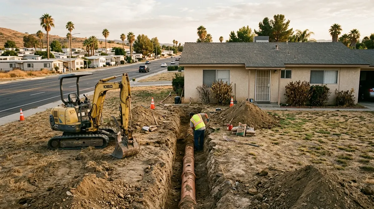 A trench opened across a front lawn exposing a clay sewer lateral - Sewer Backup Repair in Calimesa