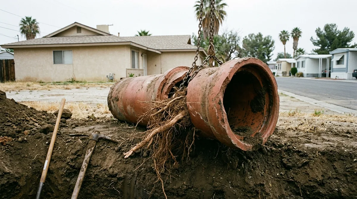 A cut section of clay pipe lifted out of a trench, roots through the joint - Sewer Backup Repair in Calimesa