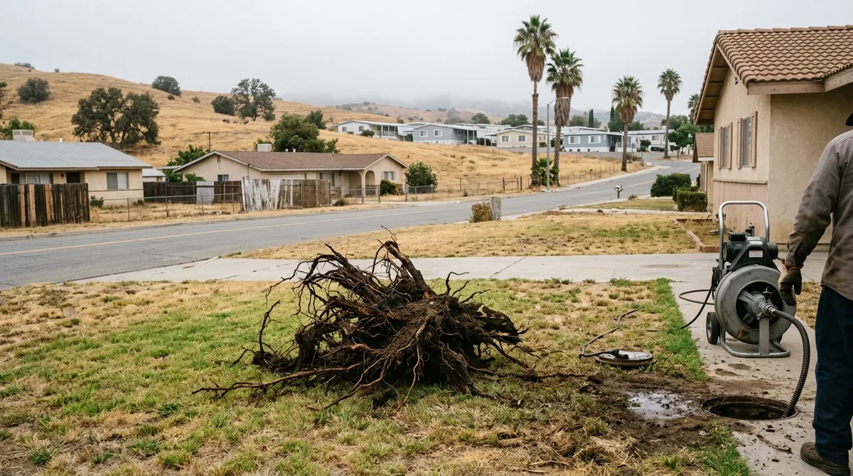 A root mass pulled out of a clean-out and laid on the grass - Sewer Backup Repair in Calimesa