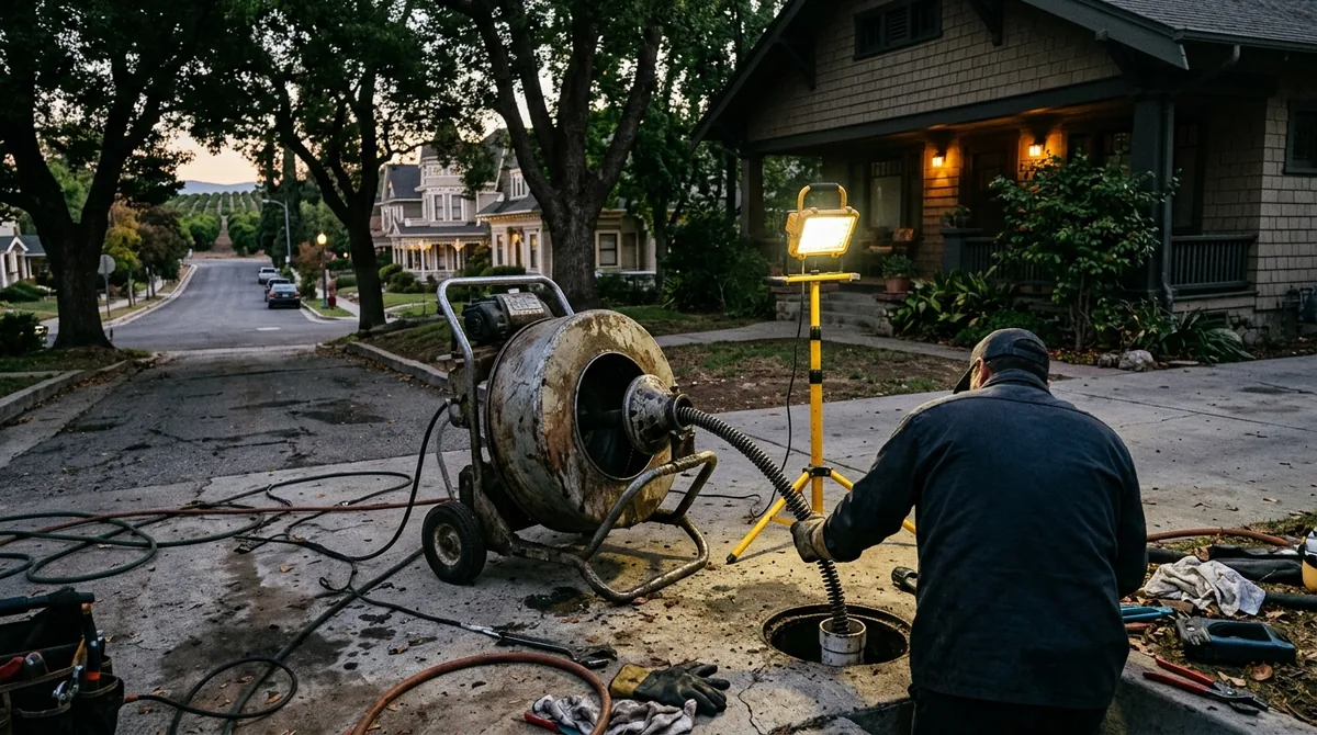 A drum machine feeding cable down a clean-out under a work light - Sewer Backup Repair in Redlands